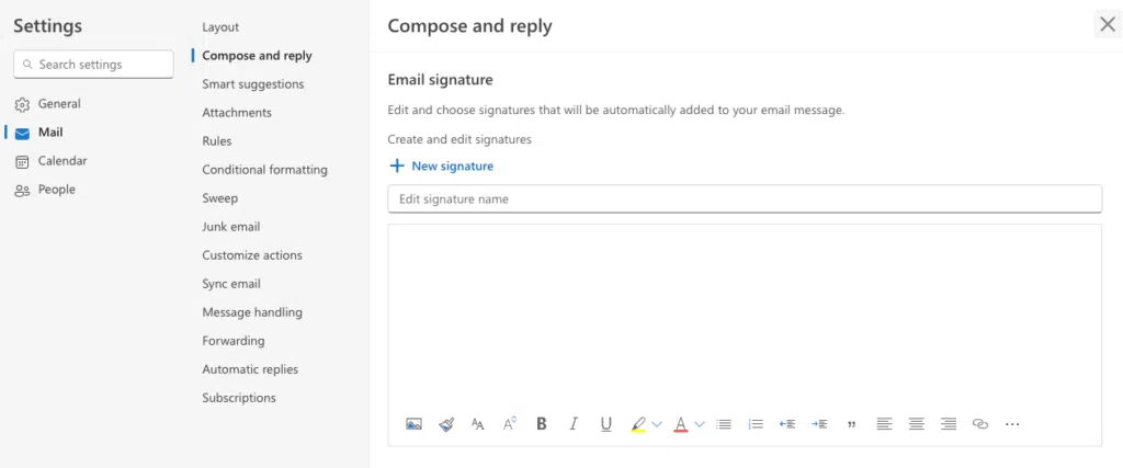 Afbeelding voor het instellen van handtekening in Outlook web